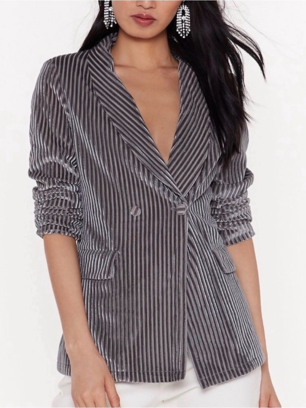 NWT Nasty Gal Silver Gray Striped Velvet Blazer- Women’s 8
